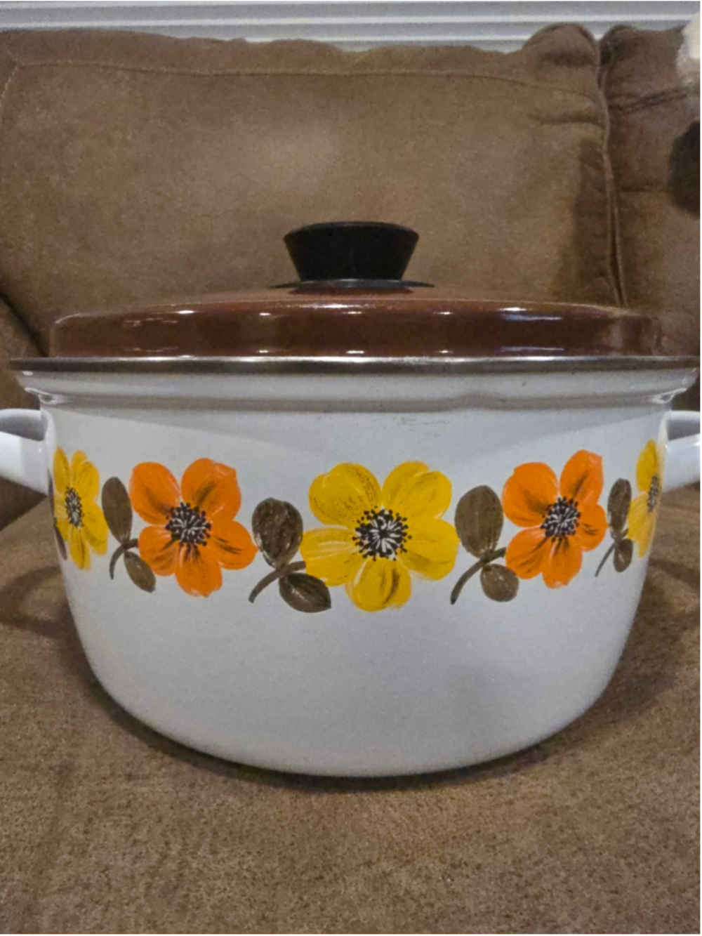 Austria Email Vintage Enamel Dutch Oven Pot 3 Quart White Brown Floral